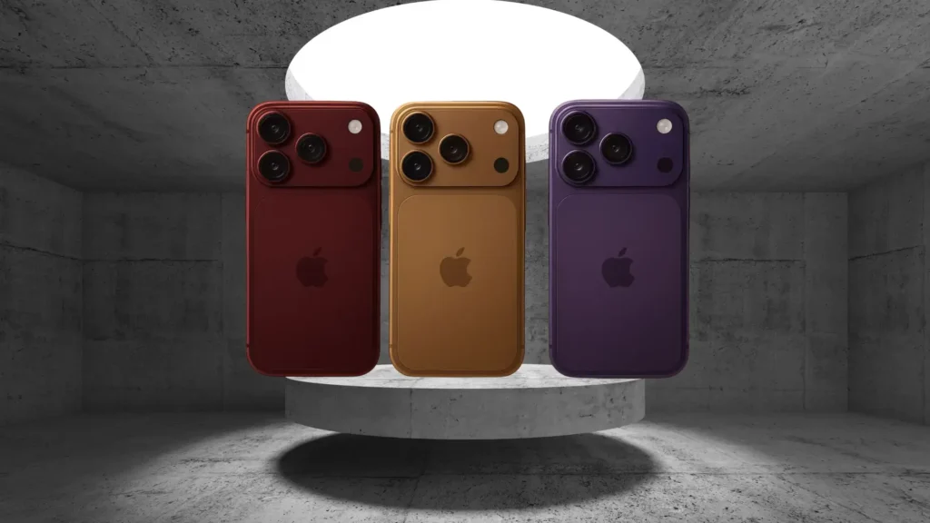 Apple iPhone 18 Pro Max concept in red, gold, and purple colors with triple camera setup displayed on a circular platform.