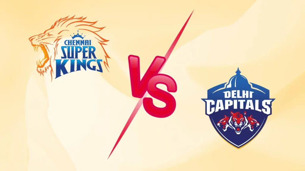 CSK vs DC IPL 2026 match graphic featuring Chennai Super Kings and Delhi Capitals logos with a VS symbol.