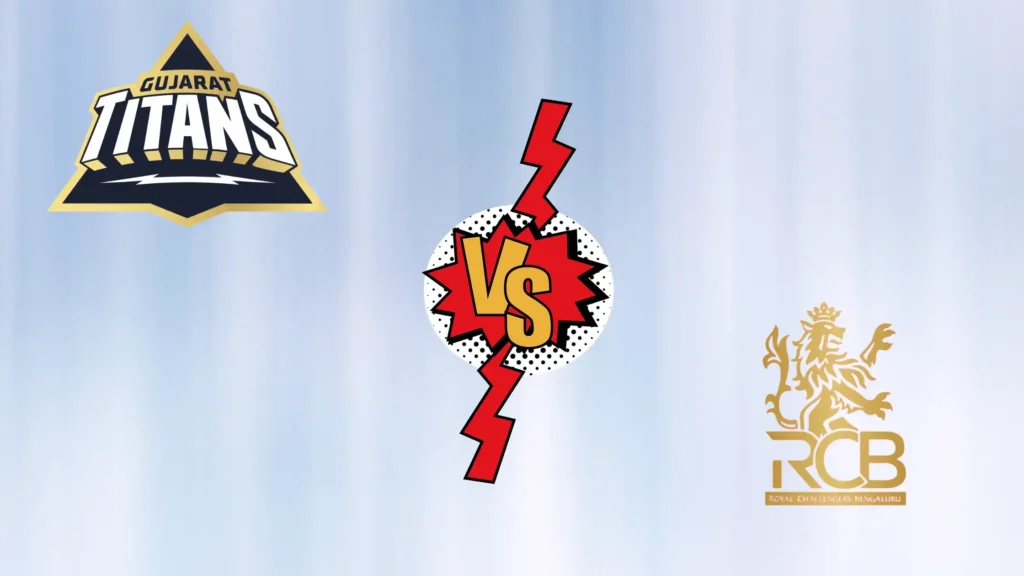 GT vs RCB: Gujarat Titans (GT) and Royal Challengers Bengaluru (RCB) team logos with a VS graphic for IPL 2026 Match 42 at Narendra Modi Stadium.