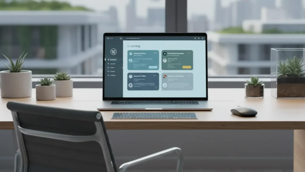 Modern workspace in 2026 featuring a high-resolution laptop displaying a sleek elearning dashboard. The design includes subtle WordPress elements, elearnning website, clean lines, and professional lighting, with ample white space for text overlay.