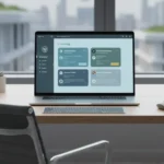 Modern workspace in 2026 featuring a high-resolution laptop displaying a sleek elearning dashboard. The design includes subtle WordPress elements, elearnning website, clean lines, and professional lighting, with ample white space for text overlay.