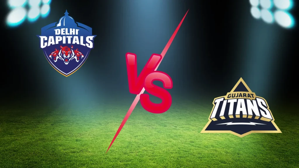 DC vs GT IPL match graphic featuring team logos on a stadium background with a glowing “VS” in the center under floodlights.