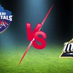 DC vs GT IPL match graphic featuring team logos on a stadium background with a glowing “VS” in the center under floodlights.