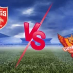 Punjab Kings vs Sunrisers Hyderabad IPL 2026 match graphic with team logos and VS symbol on a cricket stadium background.