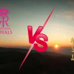 Rajasthan Royals vs Royal Challengers Bengaluru (RR vs RCB) match graphic with team logos on a sunset mountain background and a bold “VS” in the center.