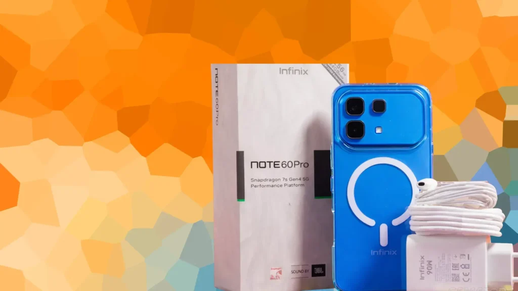 Infinix Note 60 Pro smartphone in blue color with retail box, charger, and earphones displayed on a colorful background.