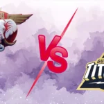 LSG vs GT graphic showing Lucknow Super Giants elephant logo facing Gujarat Titans logo with a red VS symbol in the center.