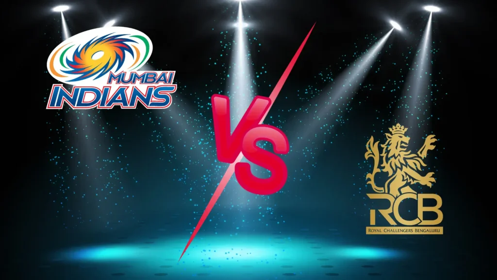 MI vs RCB IPL 2026 match graphic with team logos and VS symbol under stadium lights