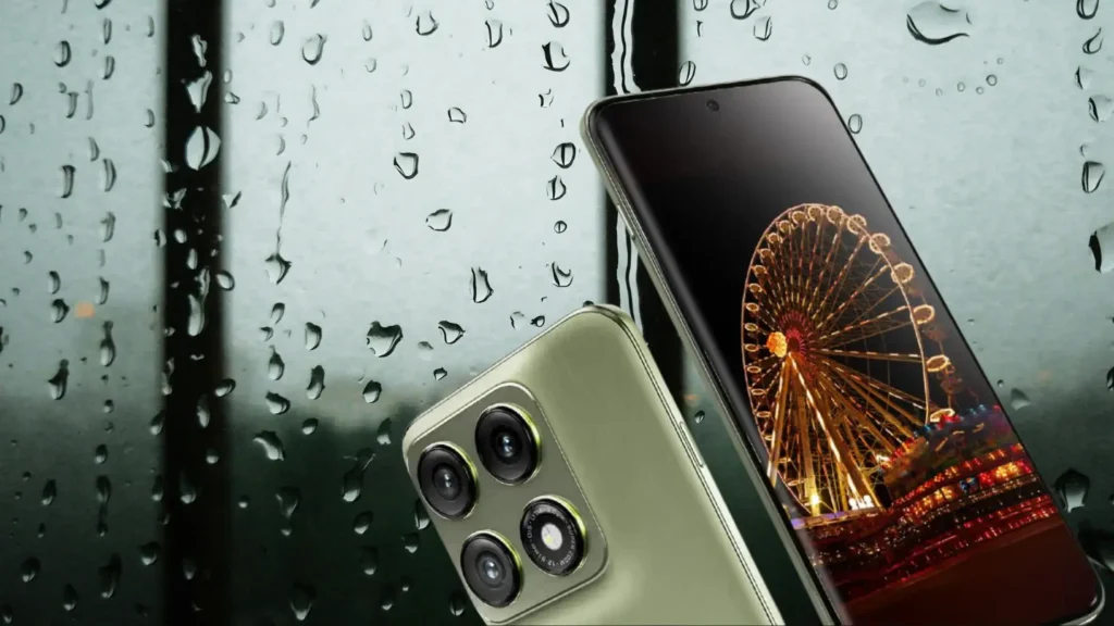 Two Motorola Edge 70 Pro series smartphones in a light green color shown against a rainy window backdrop. One phone displays its quad-camera module with "50MP" branding, while the other shows a curved edge display with a Ferris wheel wallpaper.