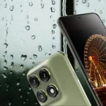 Two Motorola Edge 70 Pro series smartphones in a light green color shown against a rainy window backdrop. One phone displays its quad-camera module with "50MP" branding, while the other shows a curved edge display with a Ferris wheel wallpaper.