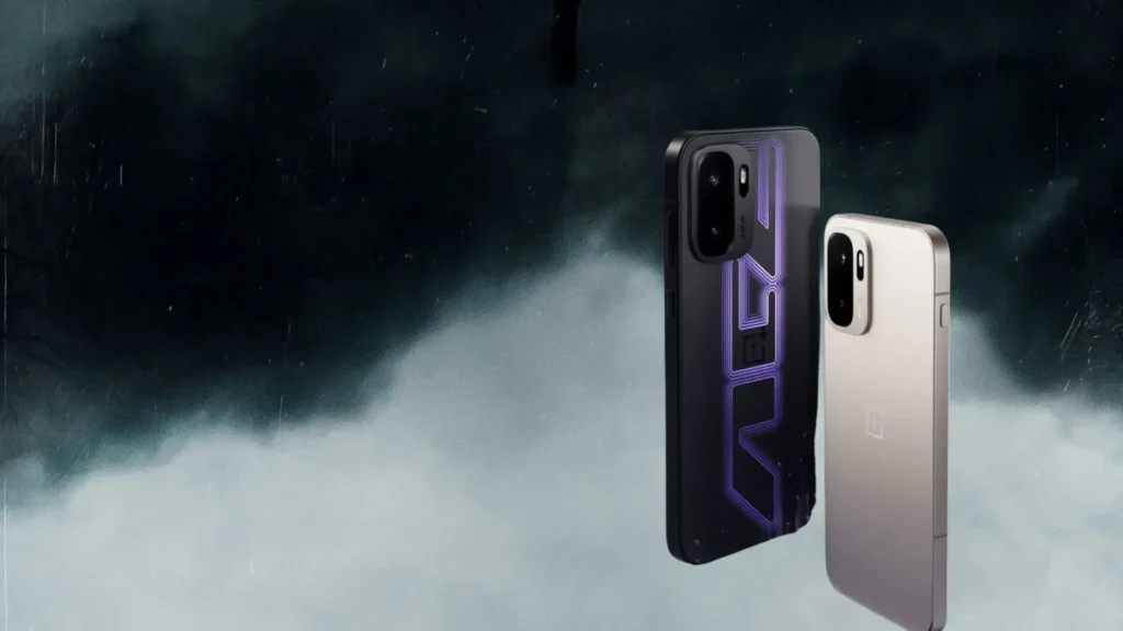 Rear view of two OnePlus Ace 6 Ultra gaming phones showcasing the purple-themed Ace Awakening and silver Metal Storm finishes against a smoky background.