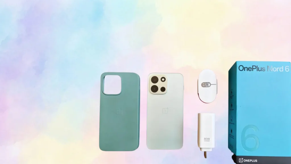 OnePlus Nord 6 smartphone with retail box, protective case, charger, and accessories displayed on a pastel gradient background