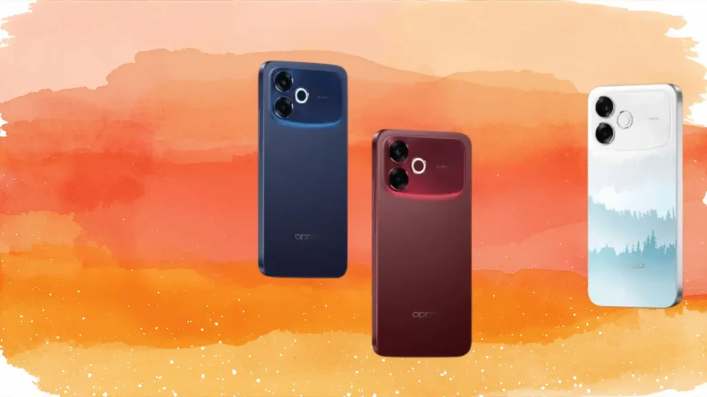 OPPO F33 Pro 5G smartphones in blue, red, and white colors showcasing dual rear camera design on an orange gradient background