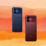 OPPO F33 Pro 5G smartphones in blue, red, and white colors showcasing dual rear camera design on an orange gradient background