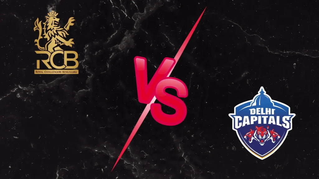 RCB vs DC IPL 2026 Match 26 promotional graphic featuring Royal Challengers Bengaluru and Delhi Capitals logos on a black marble background.