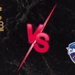 RCB vs DC IPL 2026 Match 26 promotional graphic featuring Royal Challengers Bengaluru and Delhi Capitals logos on a black marble background.
