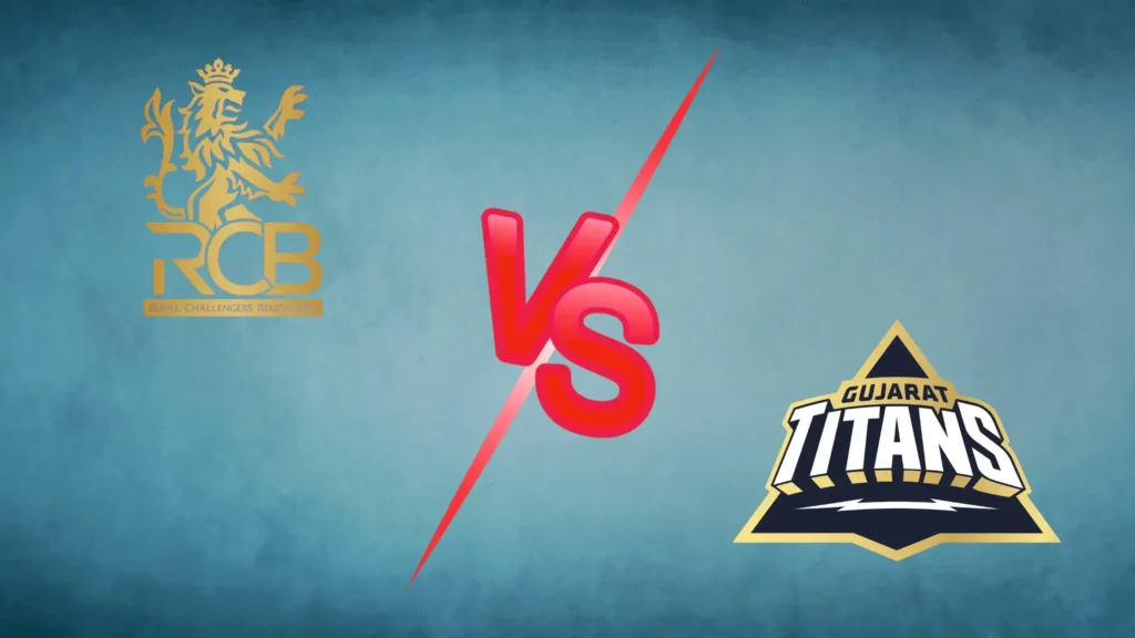 RCB vs GT IPL 2026 Match 34 graphic featuring Royal Challengers Bengaluru and Gujarat Titans logos