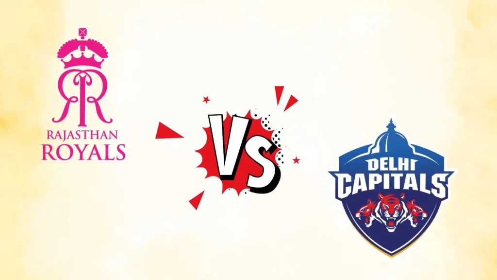 RR vs DC: Rajasthan Royals vs Delhi Capitals IPL match graphic featuring team logos and a stylized VS symbol on a light background.