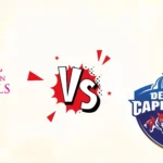 RR vs DC: Rajasthan Royals vs Delhi Capitals IPL match graphic featuring team logos and a stylized VS symbol on a light background.