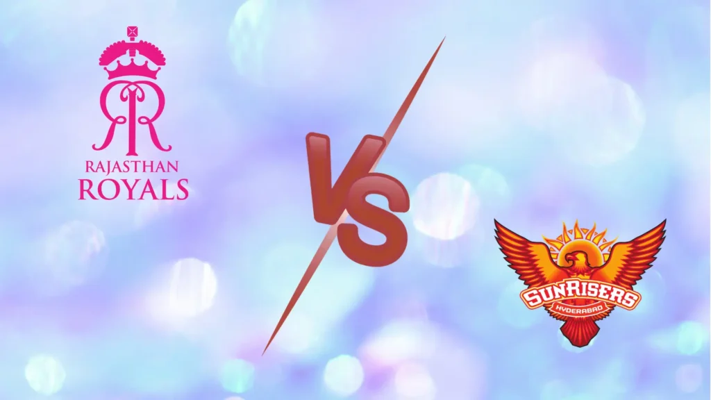RR vs SRH: Rajasthan Royals and Sunrisers Hyderabad official logos on a soft blue bokeh background with a red "Vs" symbol for IPL 2026 Match 36 at Sawai Mansingh Stadium.