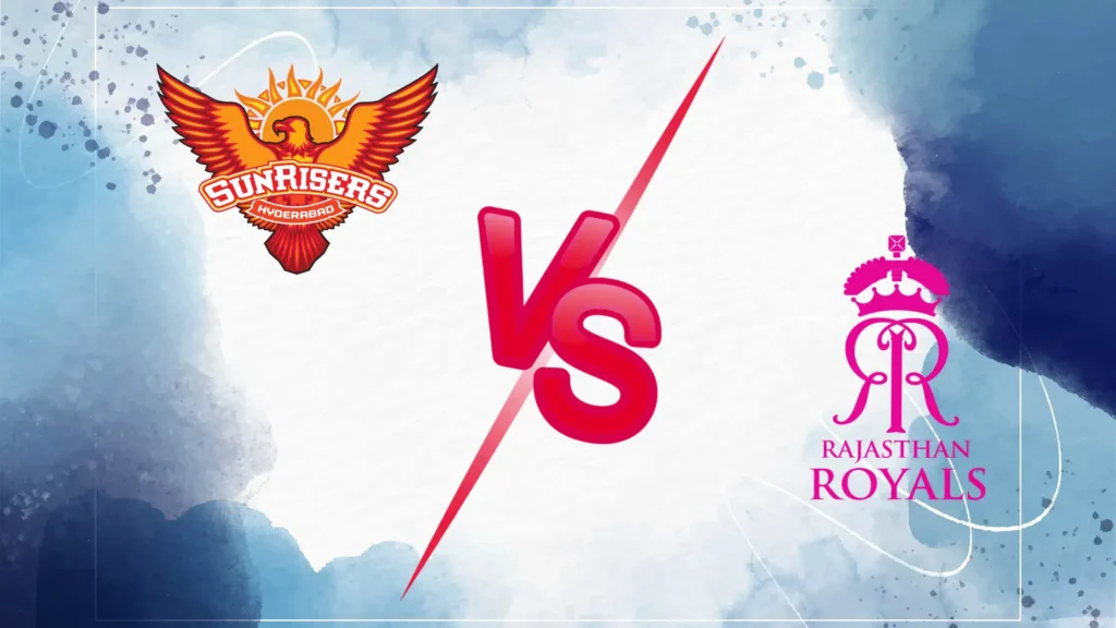 SRH vs RR A promotional match preview graphic for IPL 2026 featuring the Sunrisers Hyderabad (SRH) logo on the left and the Rajasthan Royals (RR) logo on the right. A large red "VS" sits in the center against a light blue and white watercolor splash background.