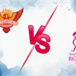 SRH vs RR A promotional match preview graphic for IPL 2026 featuring the Sunrisers Hyderabad (SRH) logo on the left and the Rajasthan Royals (RR) logo on the right. A large red "VS" sits in the center against a light blue and white watercolor splash background.