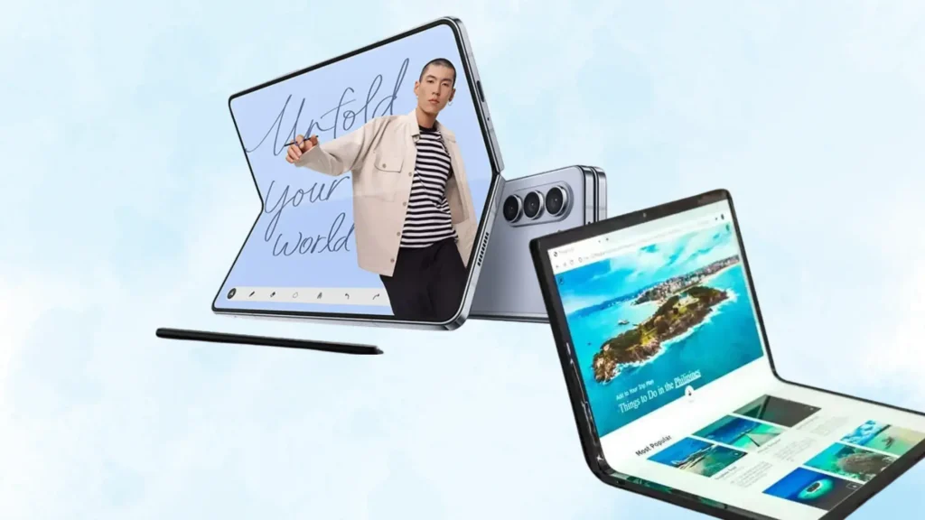Samsung Galaxy Z Fold 8 smartphone showing foldable display with multitasking apps and stylus alongside dual-screen concept