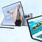 Samsung Galaxy Z Fold 8 smartphone showing foldable display with multitasking apps and stylus alongside dual-screen concept