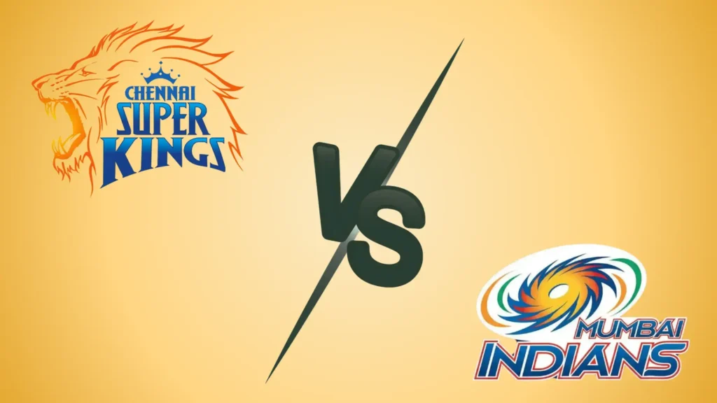 CSK vs MI: Chennai Super Kings vs Mumbai Indians IPL match graphic featuring the CSK and MI team logos with a VS symbol on a yellow gradient background.