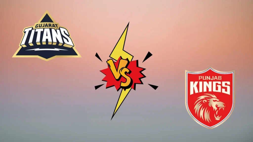 GT vs PBKS: Gujarat Titans vs Punjab Kings IPL match graphic featuring the GT and PBKS team logos with a VS symbol on a gradient background.