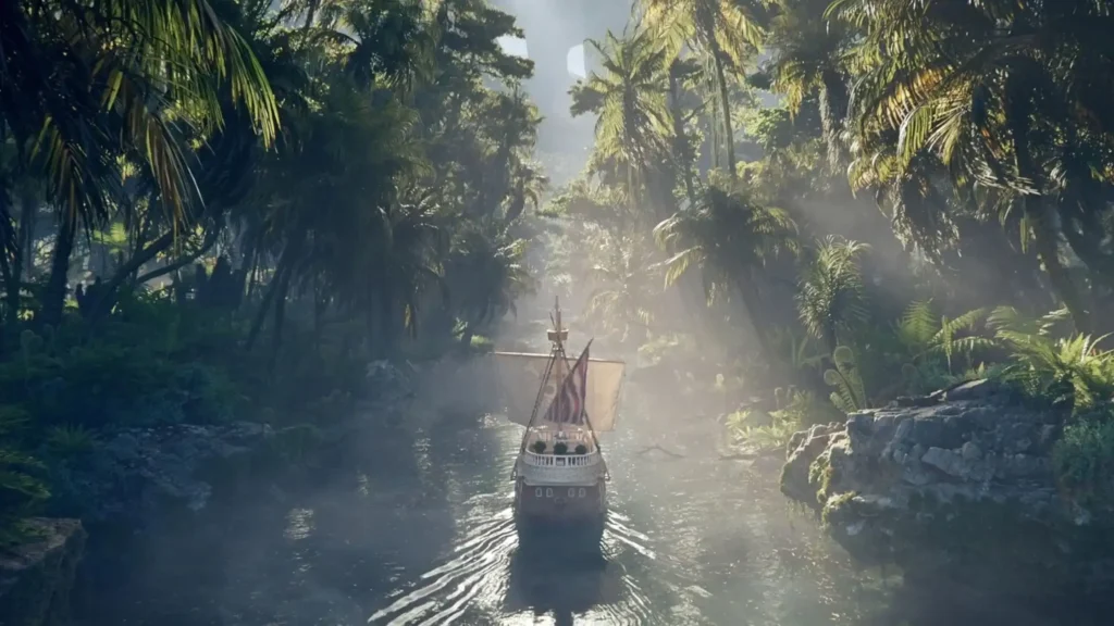 The Going Merry sails through a misty jungle river in Netflix's One Piece Live Action Season 2 Episode 4, "Big Trouble in Little Garden."