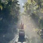 The Going Merry sails through a misty jungle river in Netflix's One Piece Live Action Season 2 Episode 4, "Big Trouble in Little Garden."