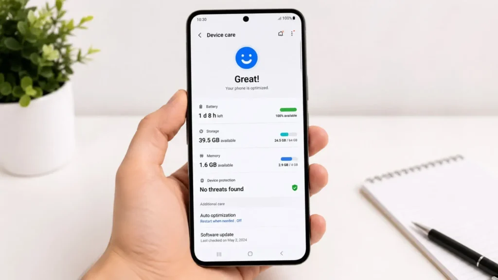 A person holding an Android smartphone displaying device optimization settings, symbolizing performance improvements and speed optimization on a clean, bright workspace.