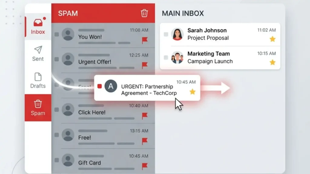 Gmail interface showing an email moved from the spam folder to the main inbox, highlighting how to prevent important emails from being marked as spam.