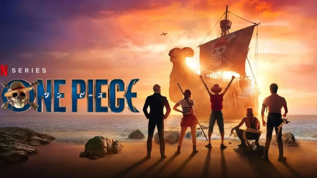 Promotional image for Netflix's One Piece Season 1 showing the Straw Hat Pirates standing on a beach at sunset, facing the Going Merry ship with its iconic Jolly Roger sail glowing against the horizon.