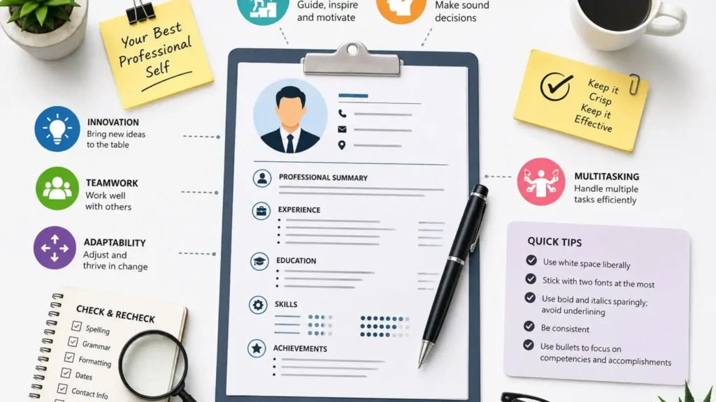 Professional resume illustration featuring a clean CV layout on a clipboard with icons representing leadership, teamwork, innovation, adaptability, maturity, multitasking, and resume writing best practices.