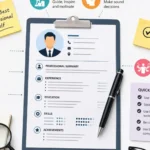 Professional resume illustration featuring a clean CV layout on a clipboard with icons representing leadership, teamwork, innovation, adaptability, maturity, multitasking, and resume writing best practices.