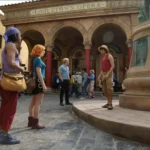 The Straw Hat Pirates gather in Loguetown Square as Luffy stands near the execution platform in One Piece Season 2, Episode 1, "The Beginning and the End."