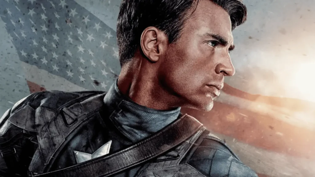 Captain America (Steve Rogers) in profile view with a serious expression, wearing his suit, against a faded American flag background.