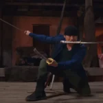 Zoro in dark clothing performs a dramatic katana stance during a tense battle scene from Netflix’s One Piece Live Action Season 2 Episode 3 “Whisky Business.”