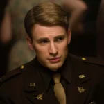 Chris Evans as Steve Rogers wearing a dark brown World War II military dress uniform with gold U.S. collar pins and a tie, looking thoughtfully to the side.