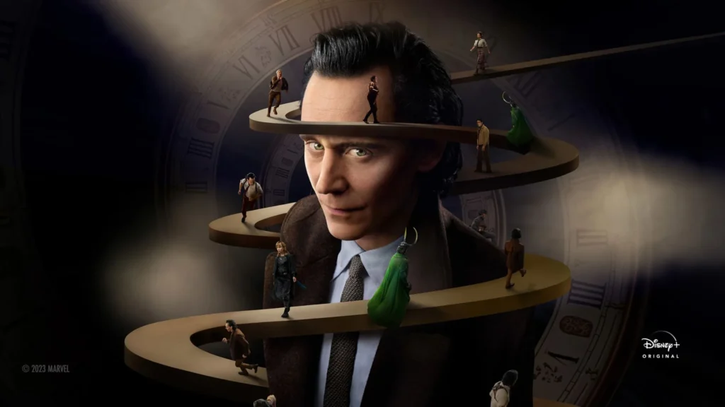 Promotional artwork for Loki Season 2 featuring Loki's face surrounded by a winding spiral ramp with mini variants.