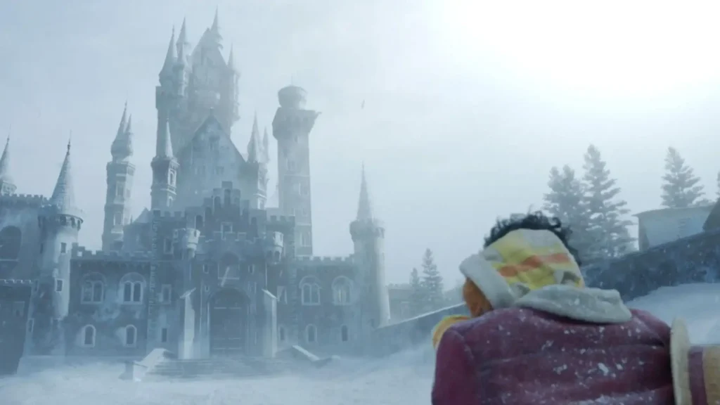 Luffy carries the fever-stricken Nami through a snowstorm toward Dr. Kureha's towering castle on Drum Island in One Piece Season 2 Episode 6, "Nami Deerest."