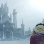 Luffy carries the fever-stricken Nami through a snowstorm toward Dr. Kureha's towering castle on Drum Island in One Piece Season 2 Episode 6, "Nami Deerest."