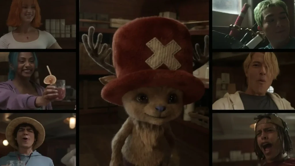 A collage of the Straw Hat crew surrounding Tony Tony Chopper, who is centered wearing a large red hat in Netflix Live Action One Piece Season 2 .