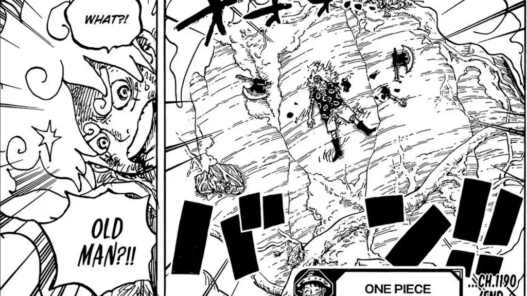Manga panel from One Piece Chapter 1190 showing Scopper Gaban defeated on a cracked rock while Luffy in Gear 5 reacts in shock.