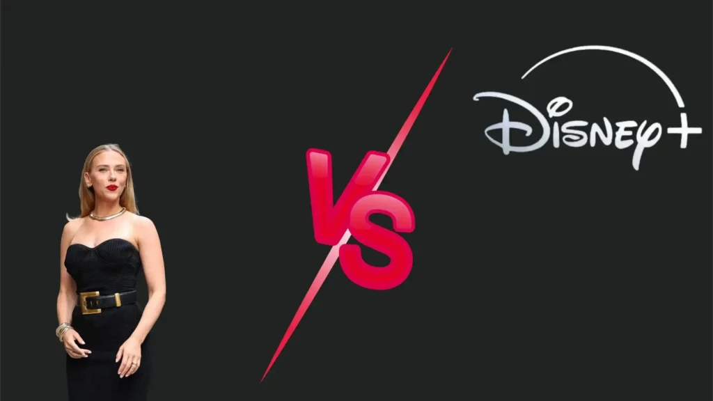 Graphic image showing actress Scarlett Johansson on the left facing a red VS symbol and the Disney+ logo on a black background.
