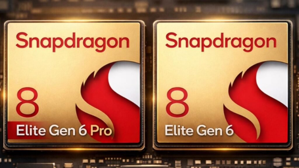 Side-by-side comparison of two gold Qualcomm Snapdragon processors labeled Snapdragon 8 Elite Gen 6 Pro and Snapdragon 8 Elite Gen 6 resting on a dark circuit board.