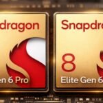 Side-by-side comparison of two gold Qualcomm Snapdragon processors labeled Snapdragon 8 Elite Gen 6 Pro and Snapdragon 8 Elite Gen 6 resting on a dark circuit board.