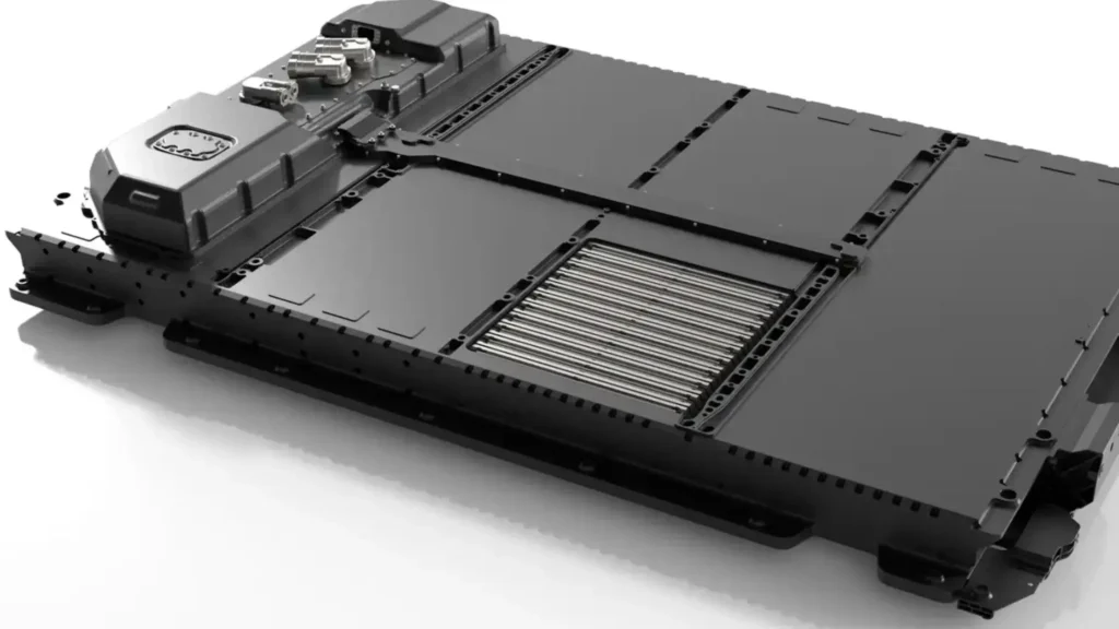 Large-scale EV solid-state battery module and enclosure pack showing internal cell arrangement.
